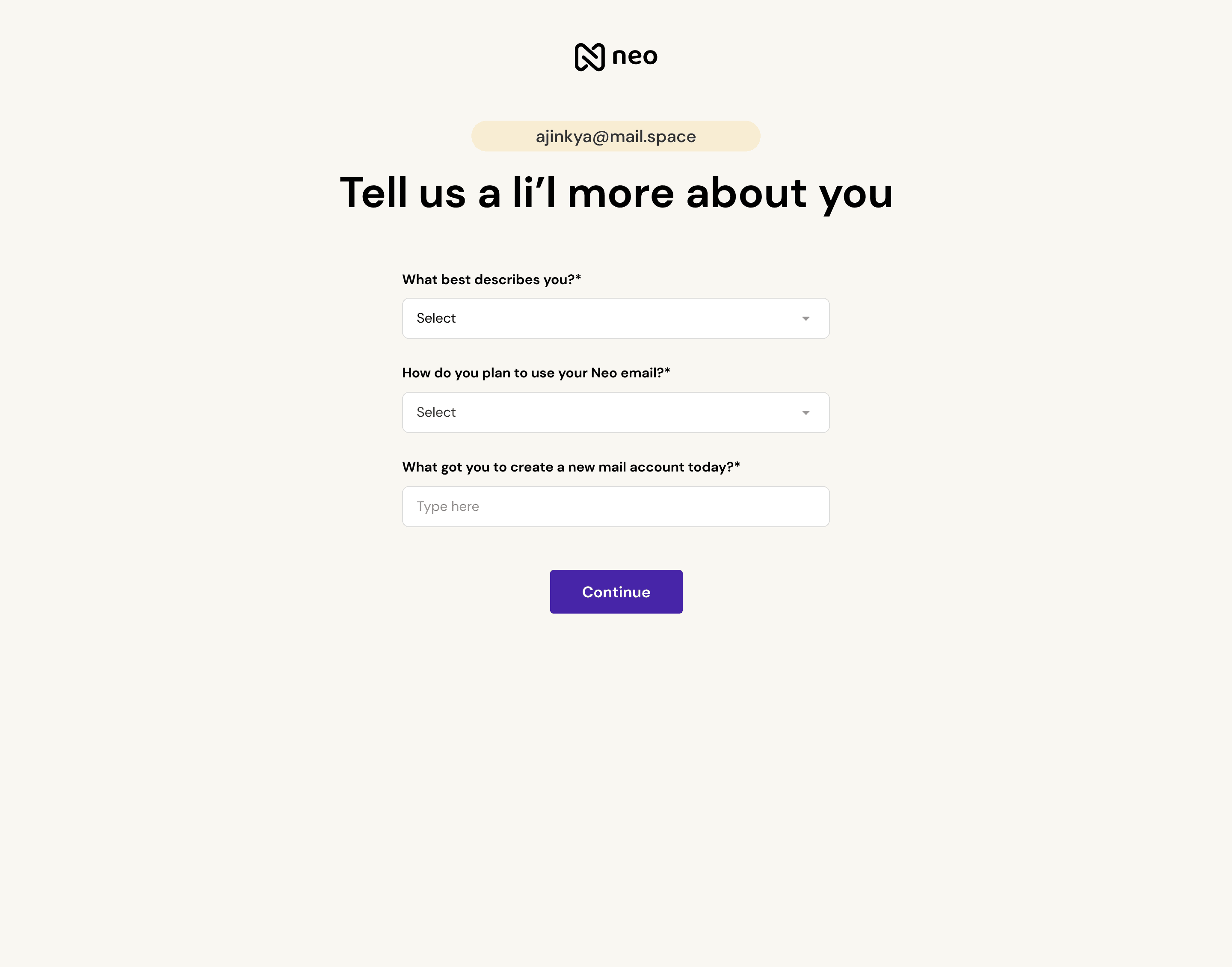 Neo Experiment 2: Generic email @mail.space / @pro.space