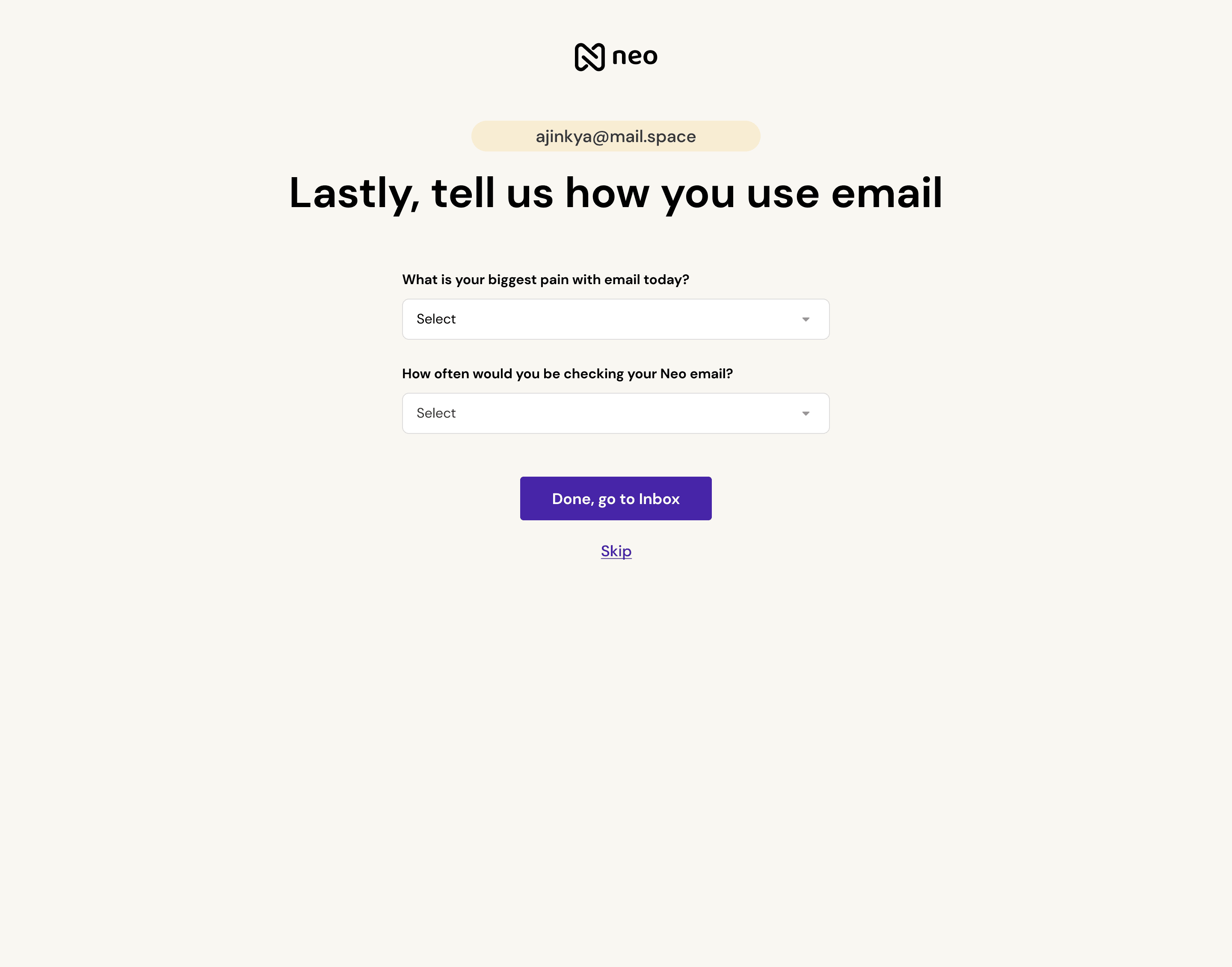 Neo Experiment 2: Generic email @mail.space / @pro.space