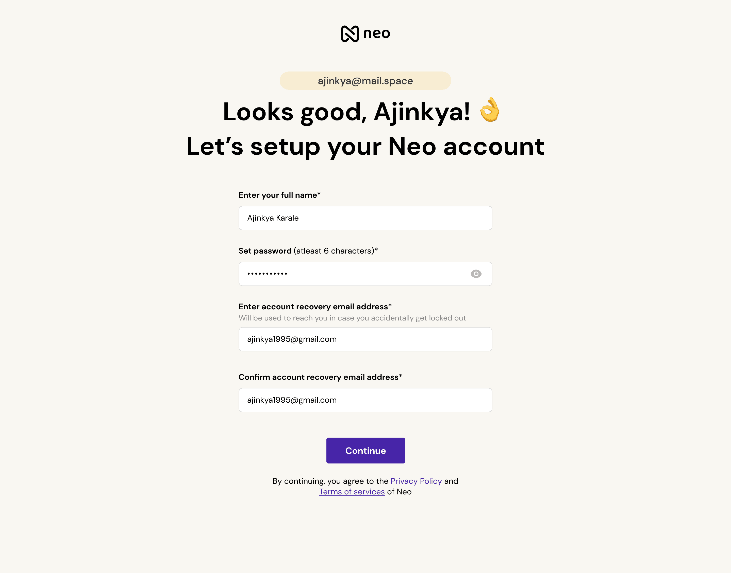 Neo Experiment 2: Generic email @mail.space / @pro.space