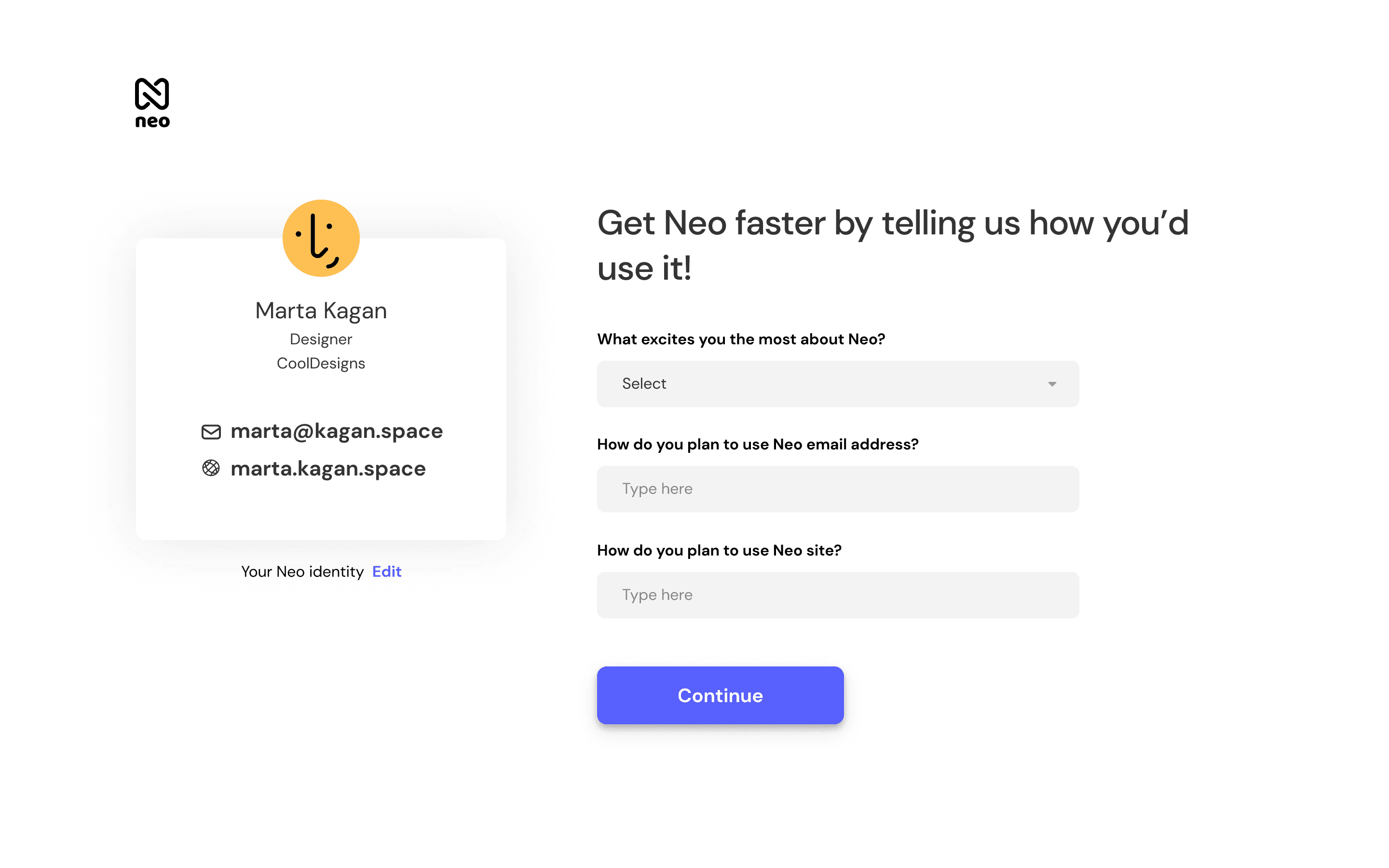 Neo Experiment 1: Name, Profession and Brand based email address
