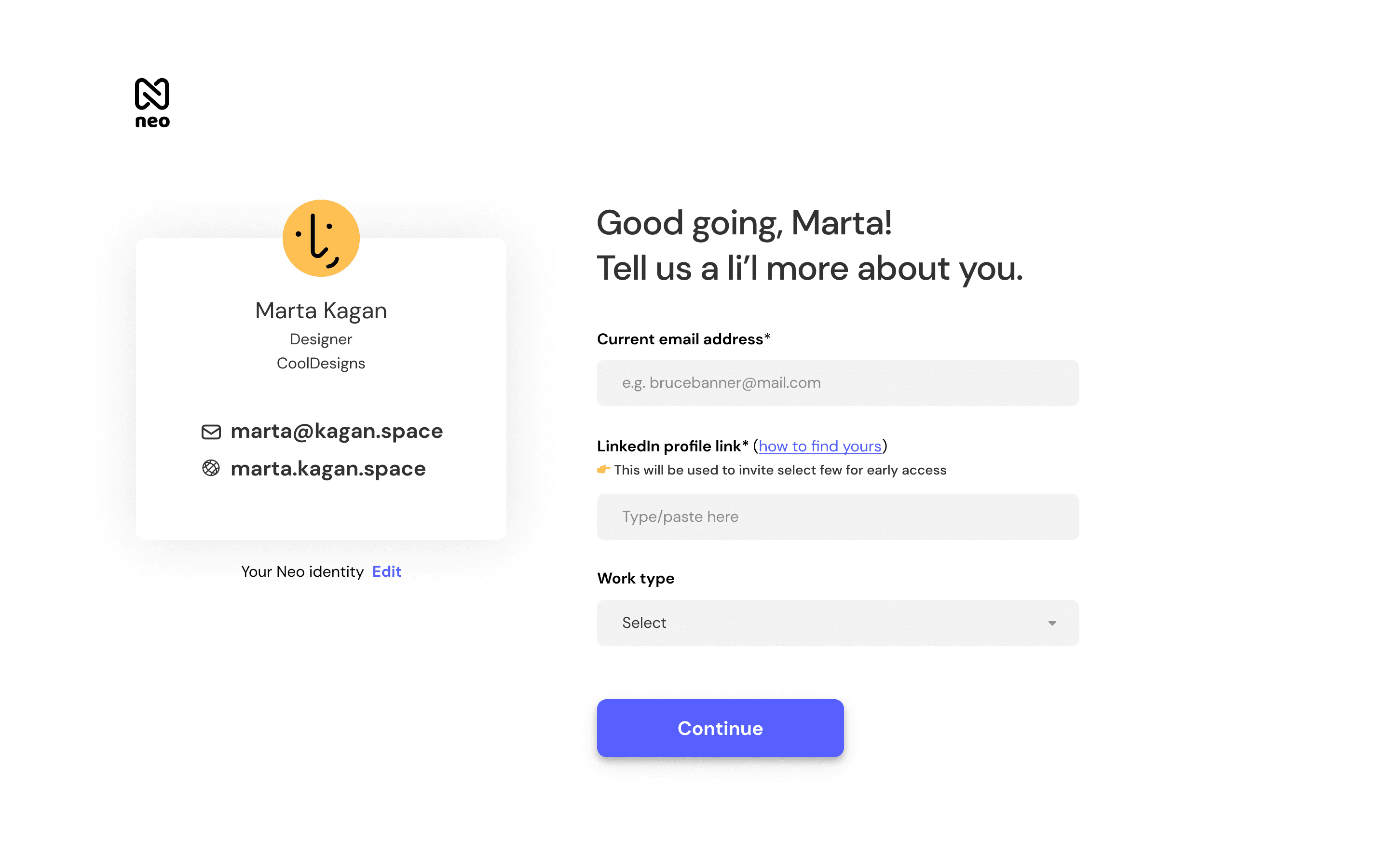 Neo Experiment 1: Name, Profession and Brand based email address