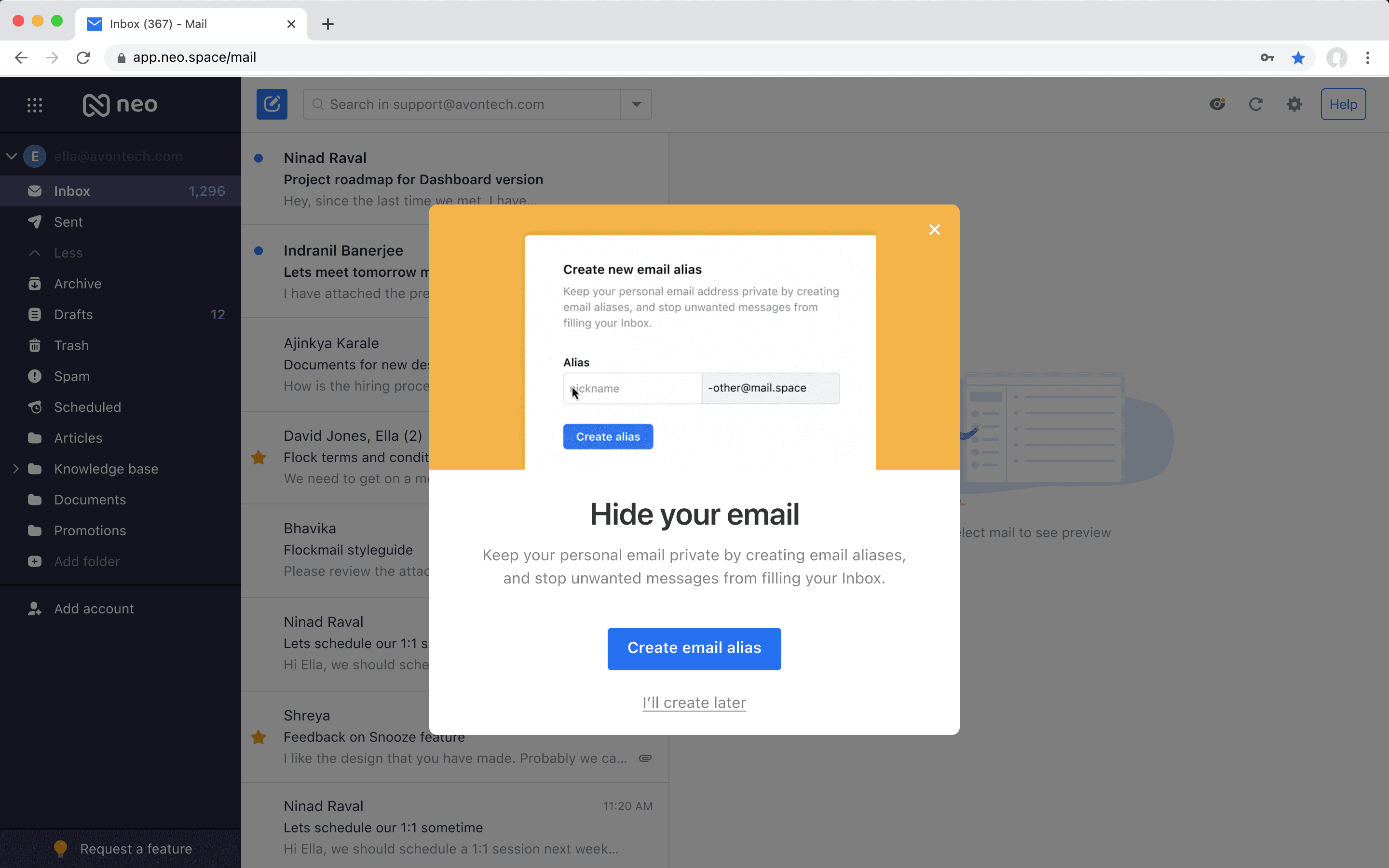 Neo Experiment 2: Generic email @mail.space / @pro.space