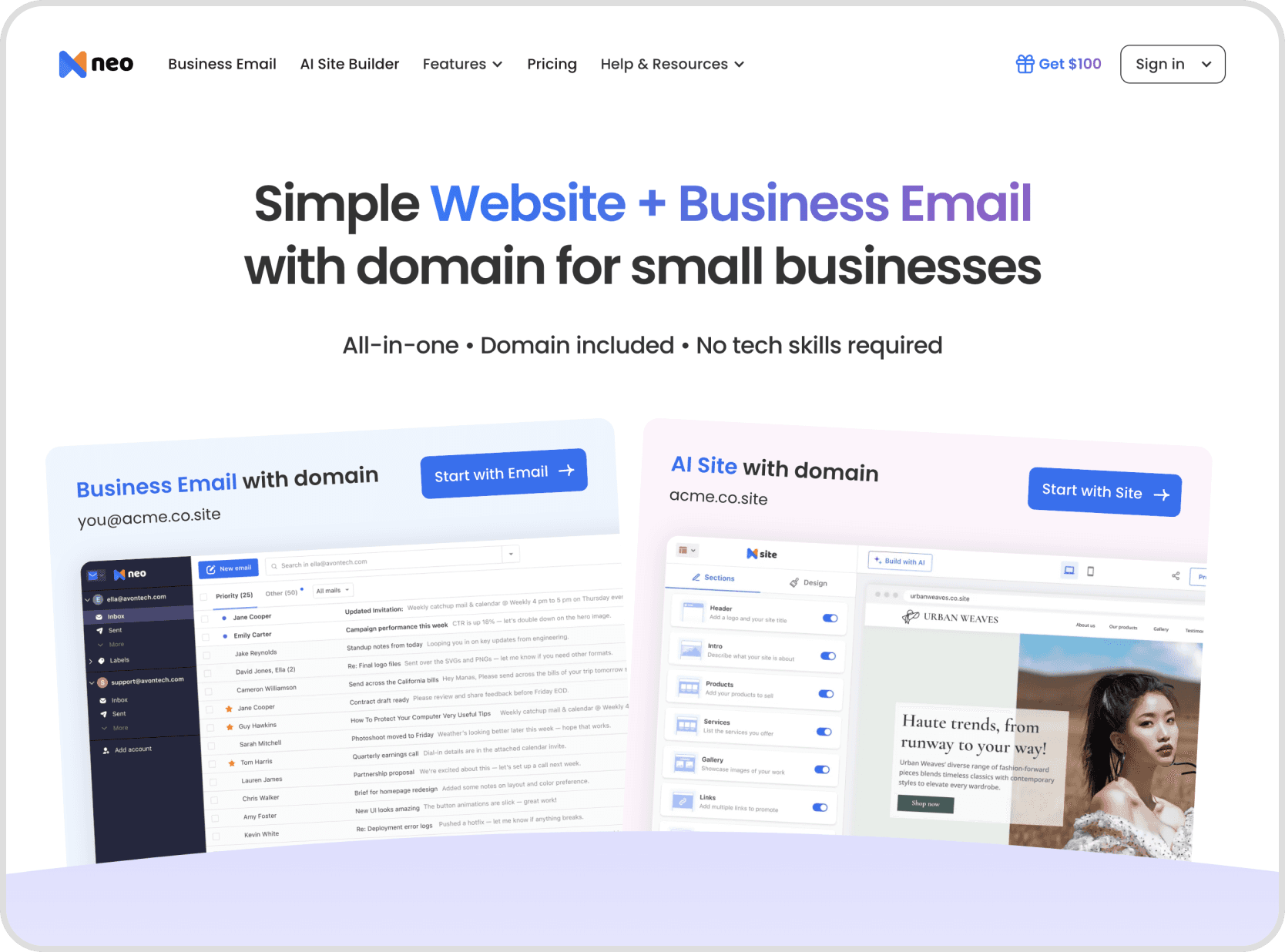 Neo Homepage Update Showcasing Website, Business Email and Domain